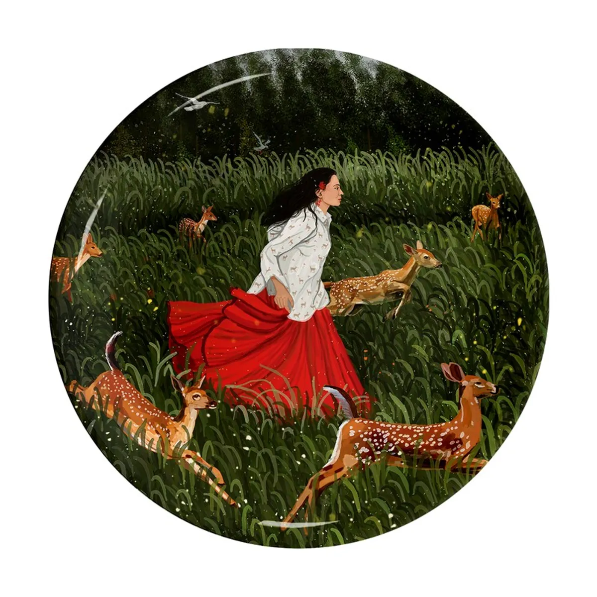 Round wall plate with deer and a woman in a grassy landscape