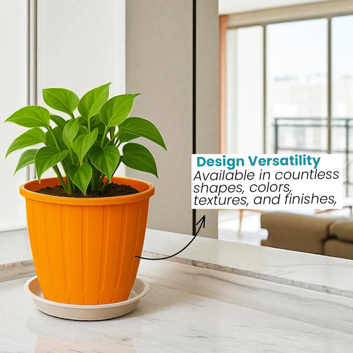 Orange planter shown beside a potted plant in an indoor setting