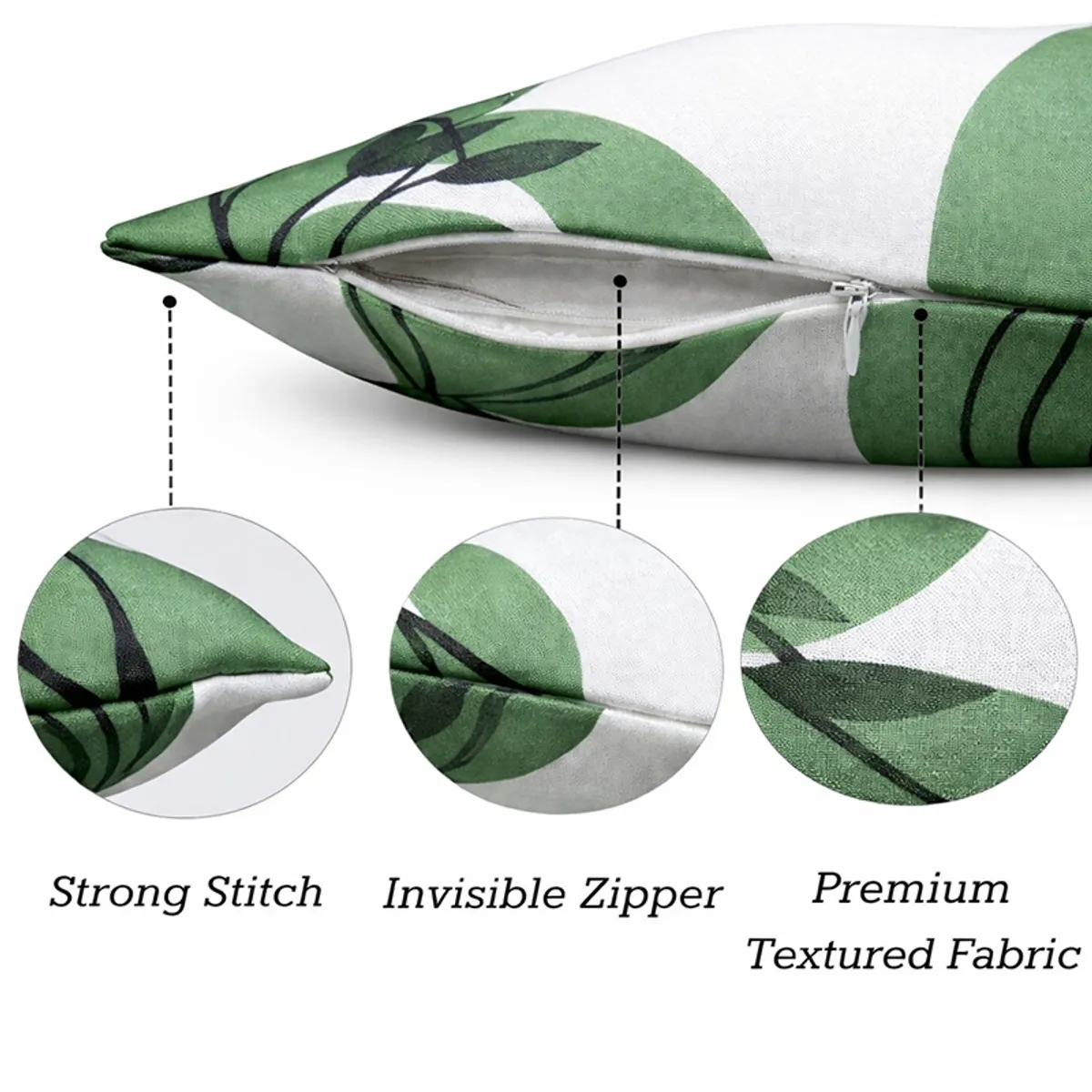Close-up view of a green and white cushion cover with a zip closure.