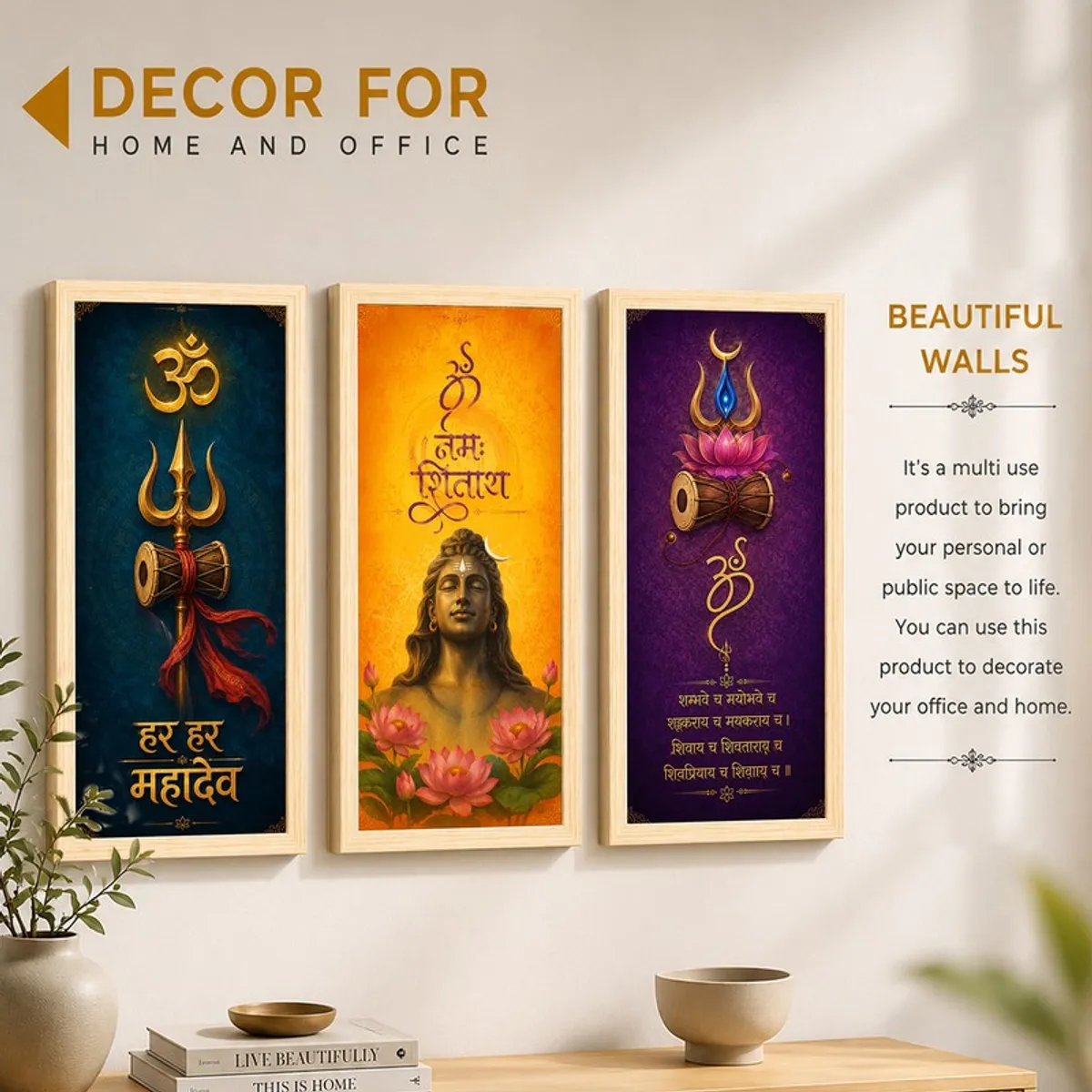 Three framed devotional paintings shown as wall decor in a home and office setting