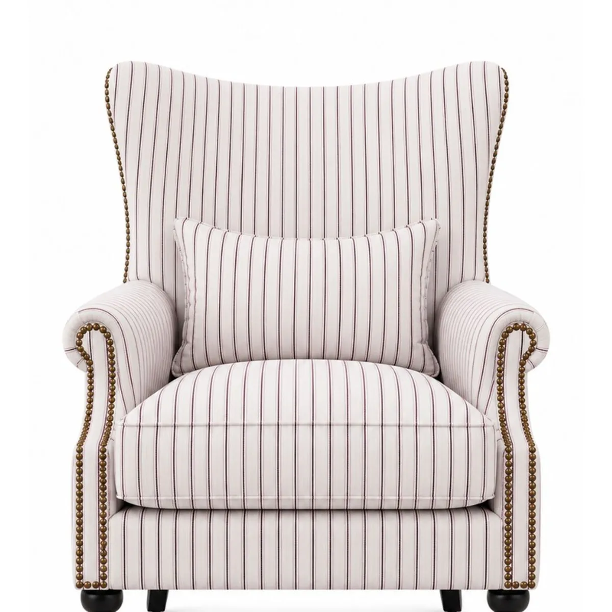 Front view of a white striped lounge chair with sculpted rolled arms