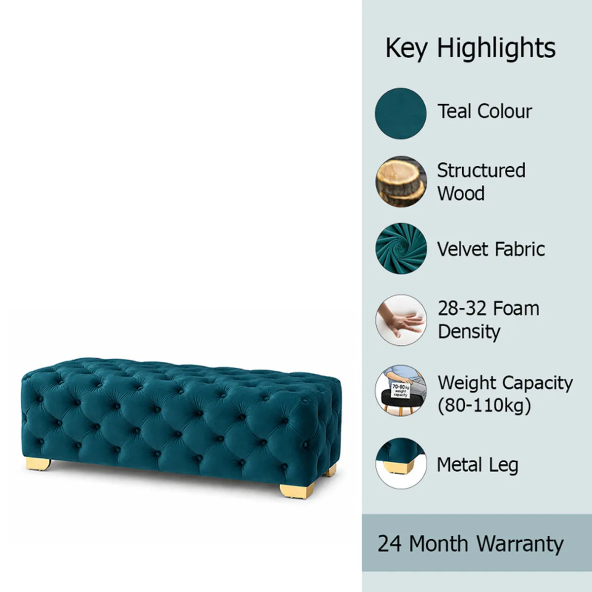 Teal velvet tufted bench displayed with a highlights panel beside it