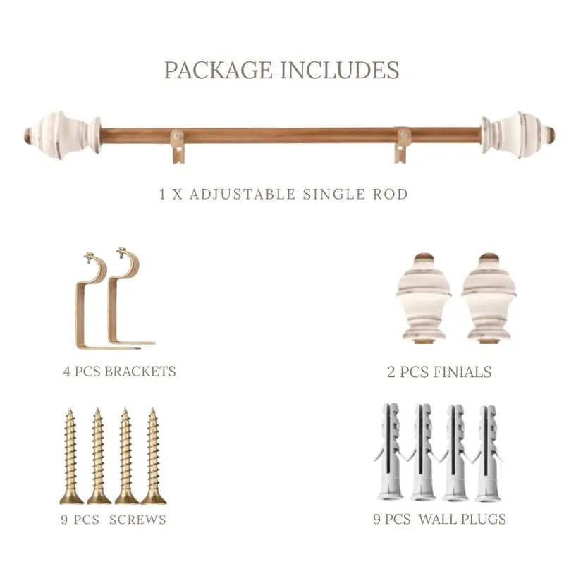 Curtain rod set displayed with rod, brackets, finials and mounting hardware