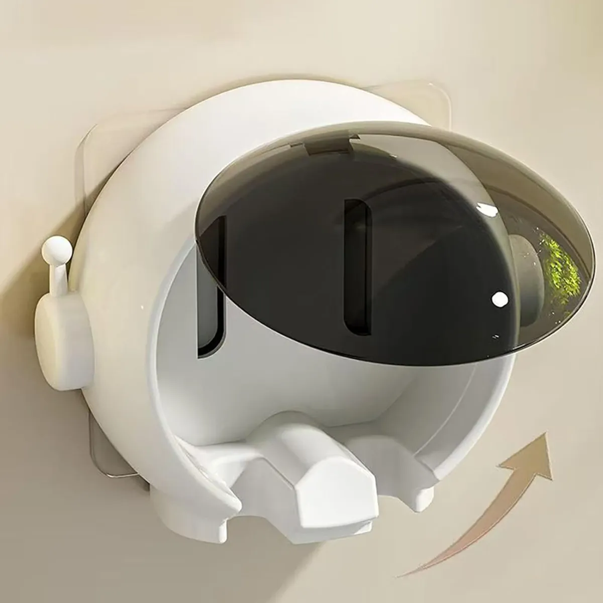 Close-up of a white wall holder with its tinted hinged cover open