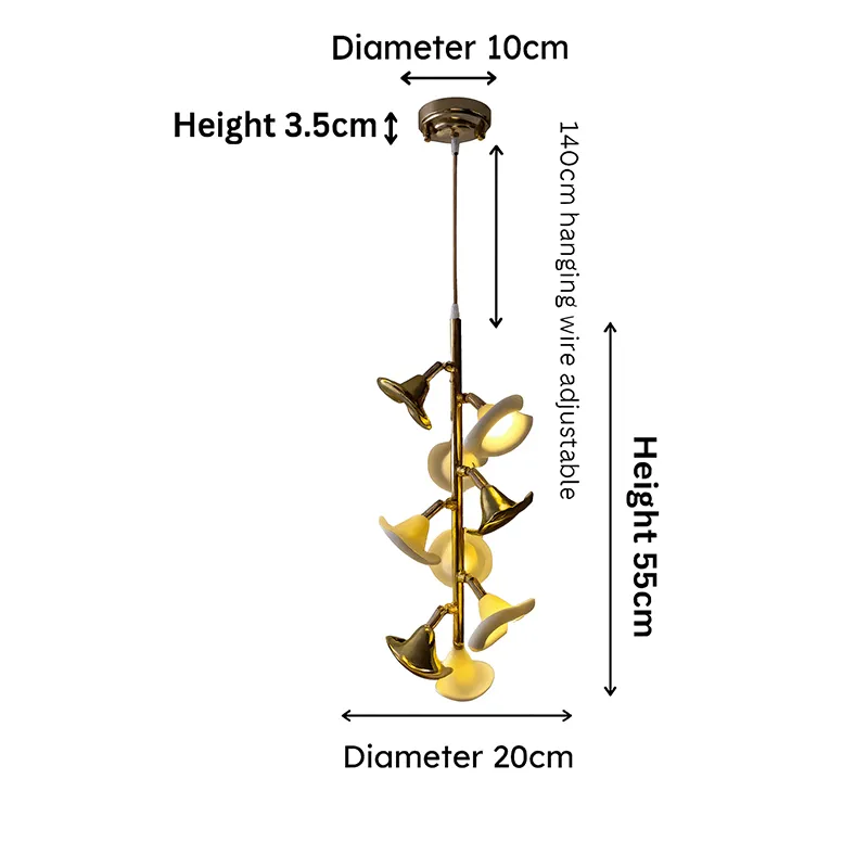 Gold and white floral ceiling lamp with annotated dimensions on white background