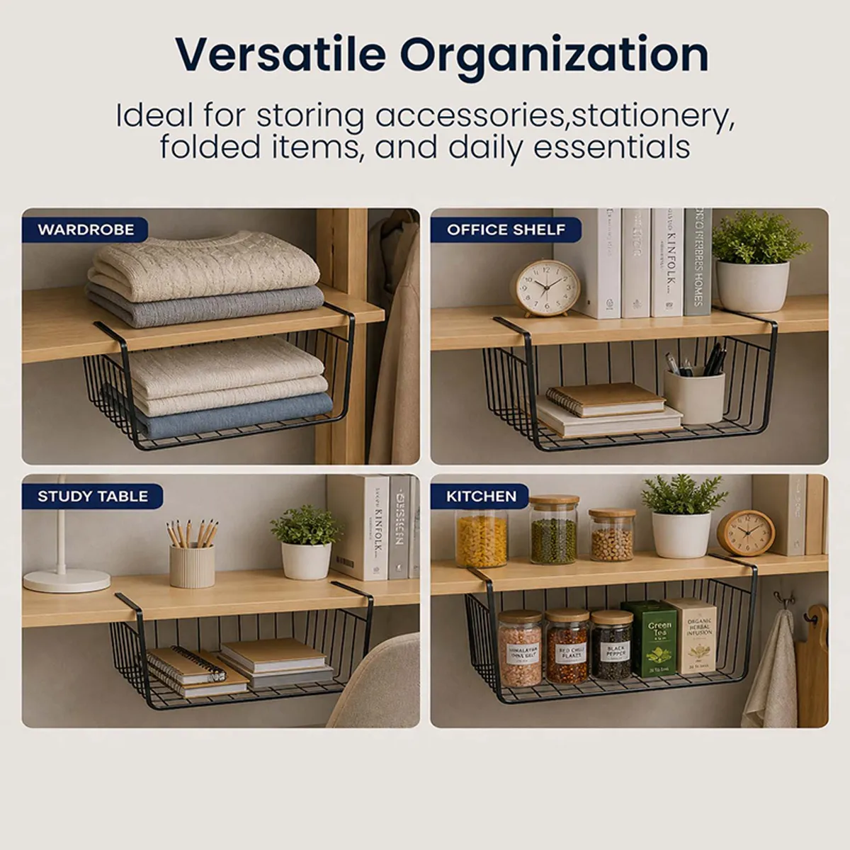 Black under-shelf rack used in wardrobe, office shelf, study table and kitchen settings