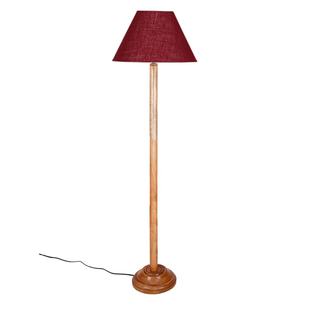 Wooden floor lamp with burgundy conical shade on a plain white background