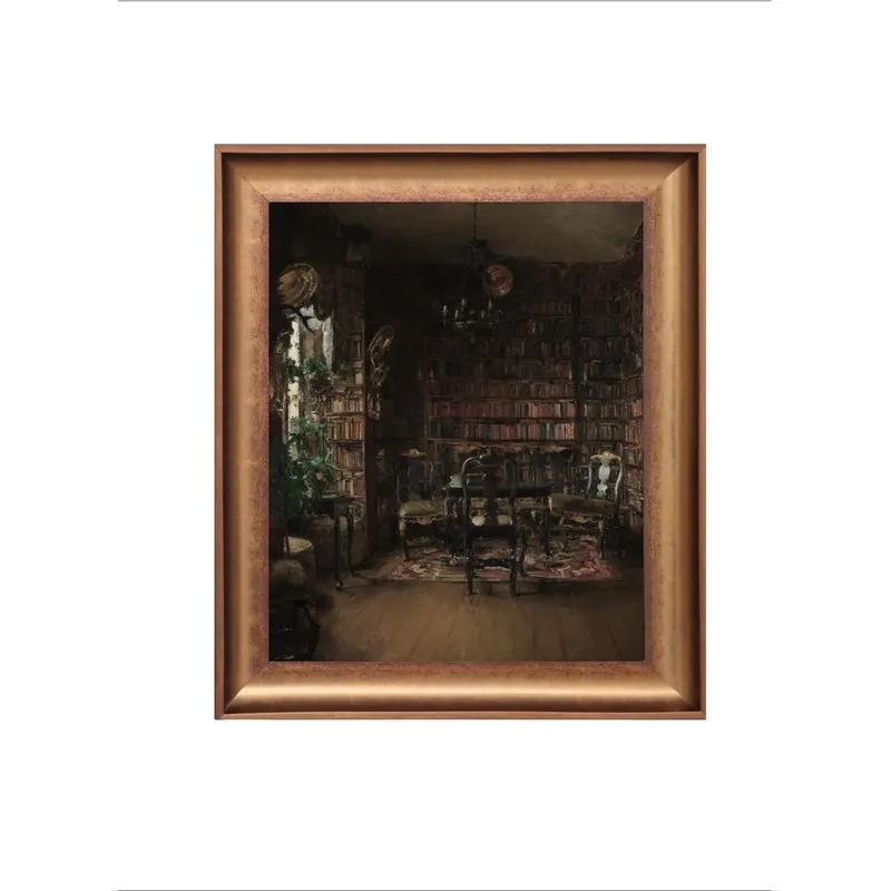Front view of a framed canvas wall painting with a dark library-like interior
