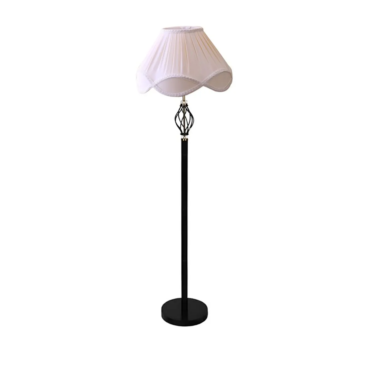 Full view of floor lamp with pale pink cotton shade and black base