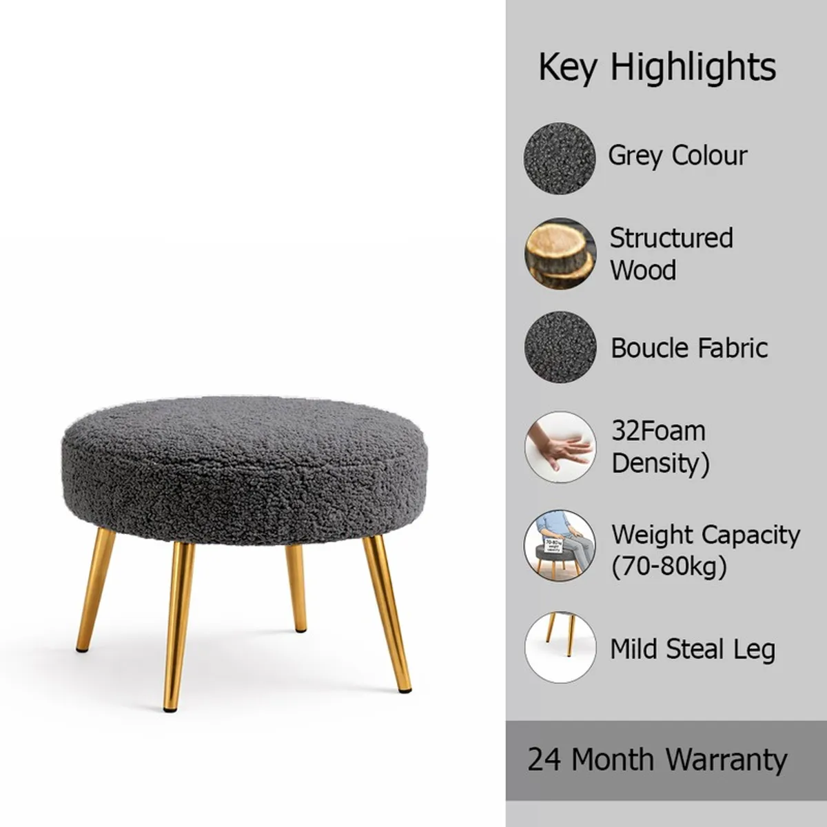 Dark grey bouclé stool with gold legs shown beside a highlights panel