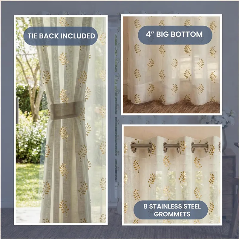 Collage showing tied-back curtain, hem detail and eyelet heading