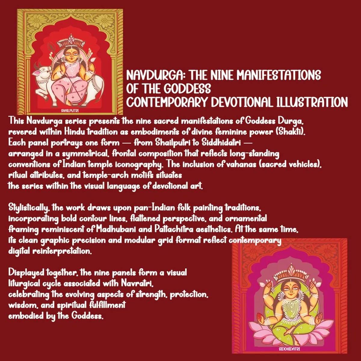 Close view of a framed Goddess Durga illustration with descriptive devotional artwork text