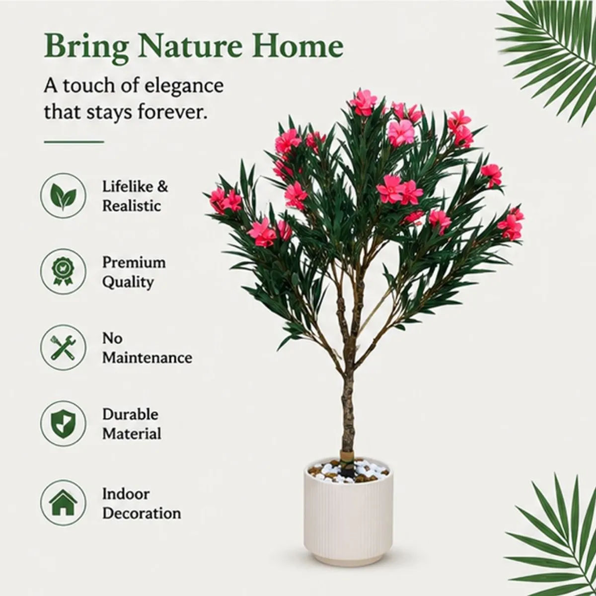 Artificial pink oleander plant shown with green leaves and branching stems