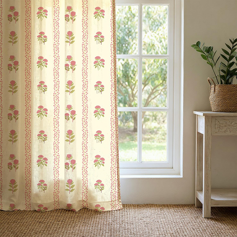 Grove Printed Cotton Curtain (Pink) - Set of Two - Door - 7 Feet