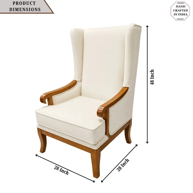White lounge chair shown with dimension arrows on a plain background