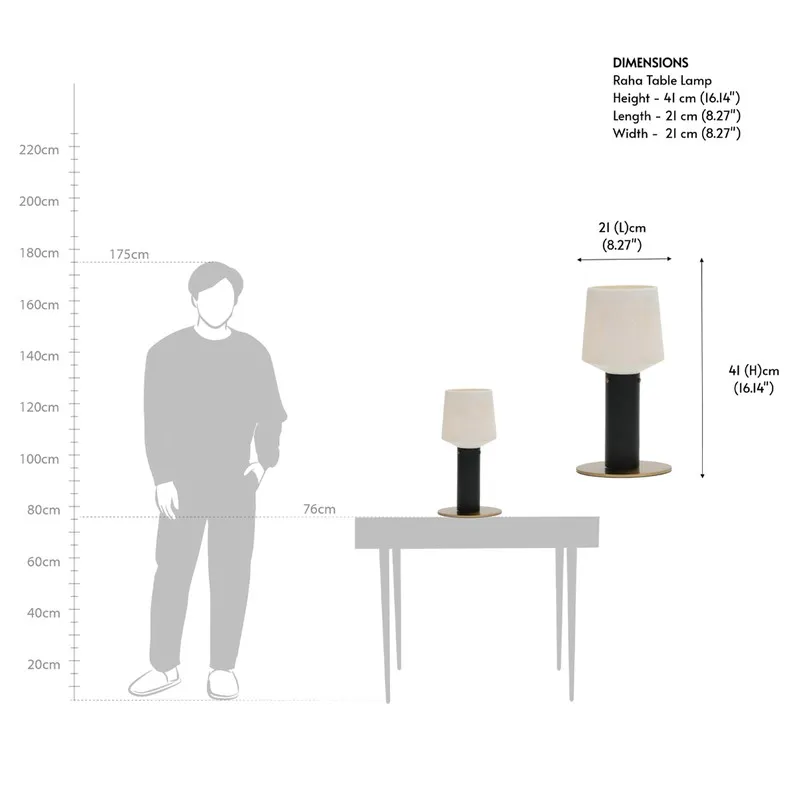 Dimension reference image of the table lamp beside a table and figure