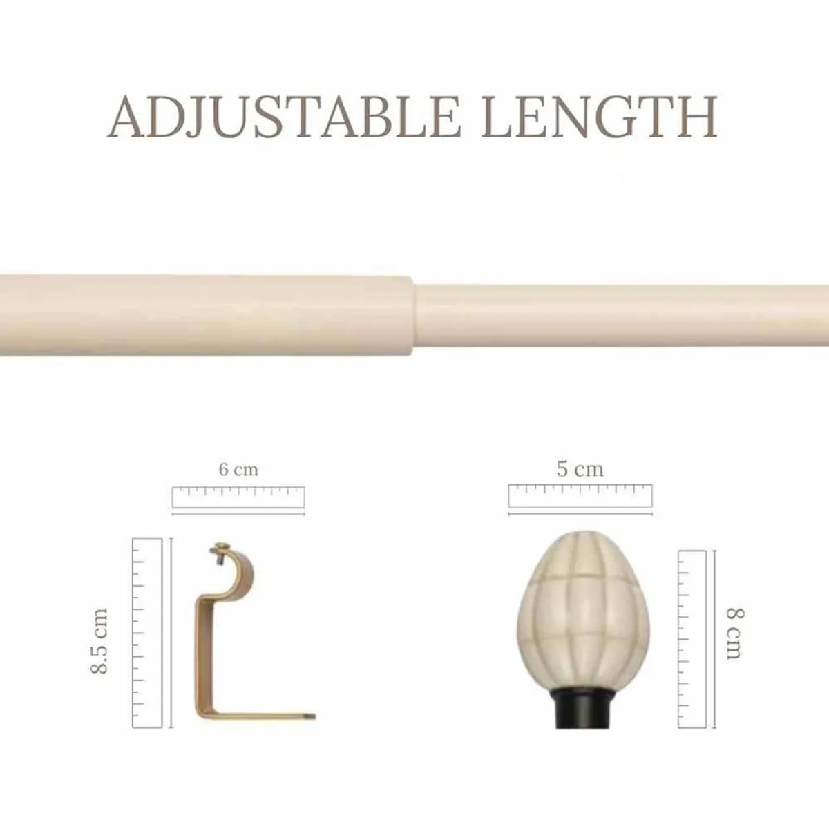 Adjustable curtain rod with bracket and finial detail shown separately