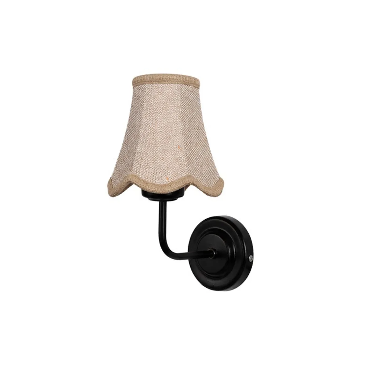 Wall-mounted lamp with beige scalloped shade and black curved arm