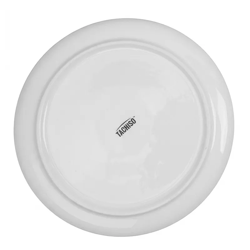 Underside of a plain white plate on white background