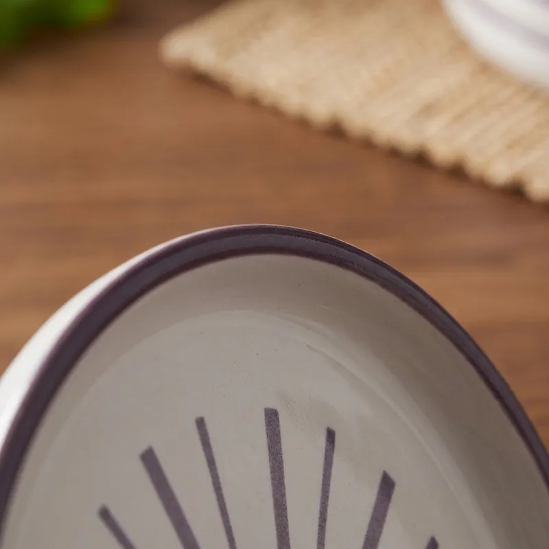 Close-up of white plate with purple rim and starburst motif