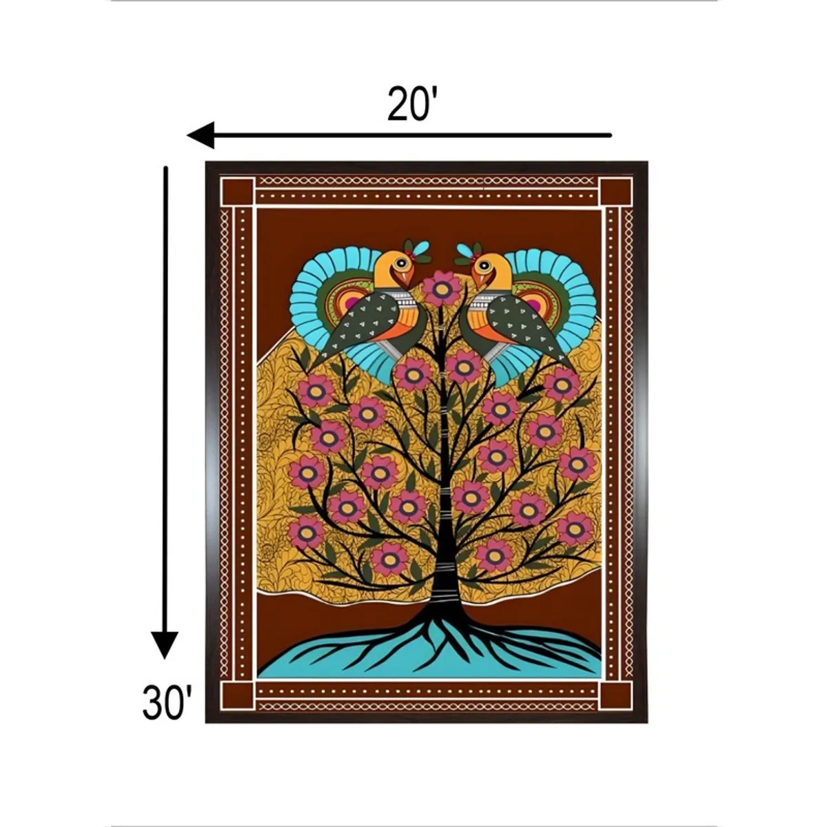 Framed folk tree and birds wall painting with visible size graphic