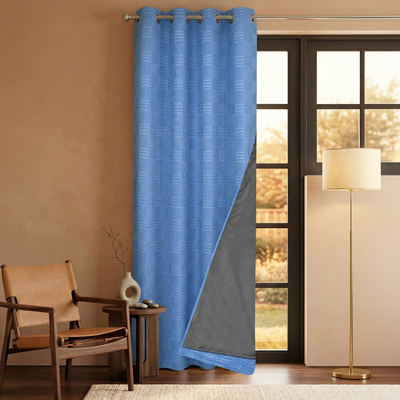 Meya Self Design Cotton Curtains With Lining - Blue - Window - 5 Feet