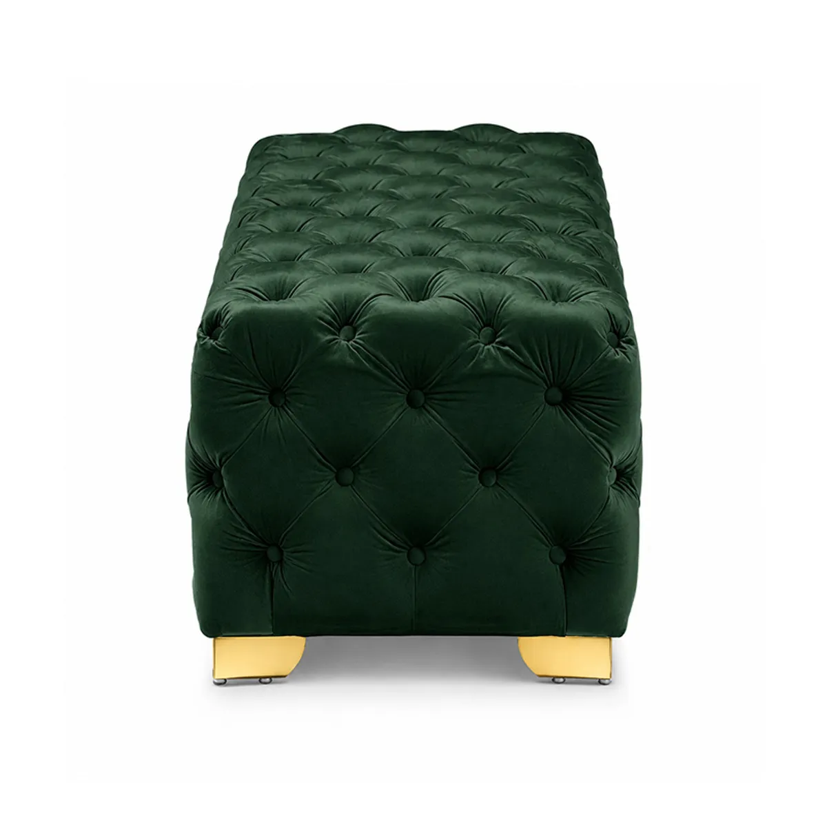 End view showing the deep button tufting and gold-finished legs of the bench