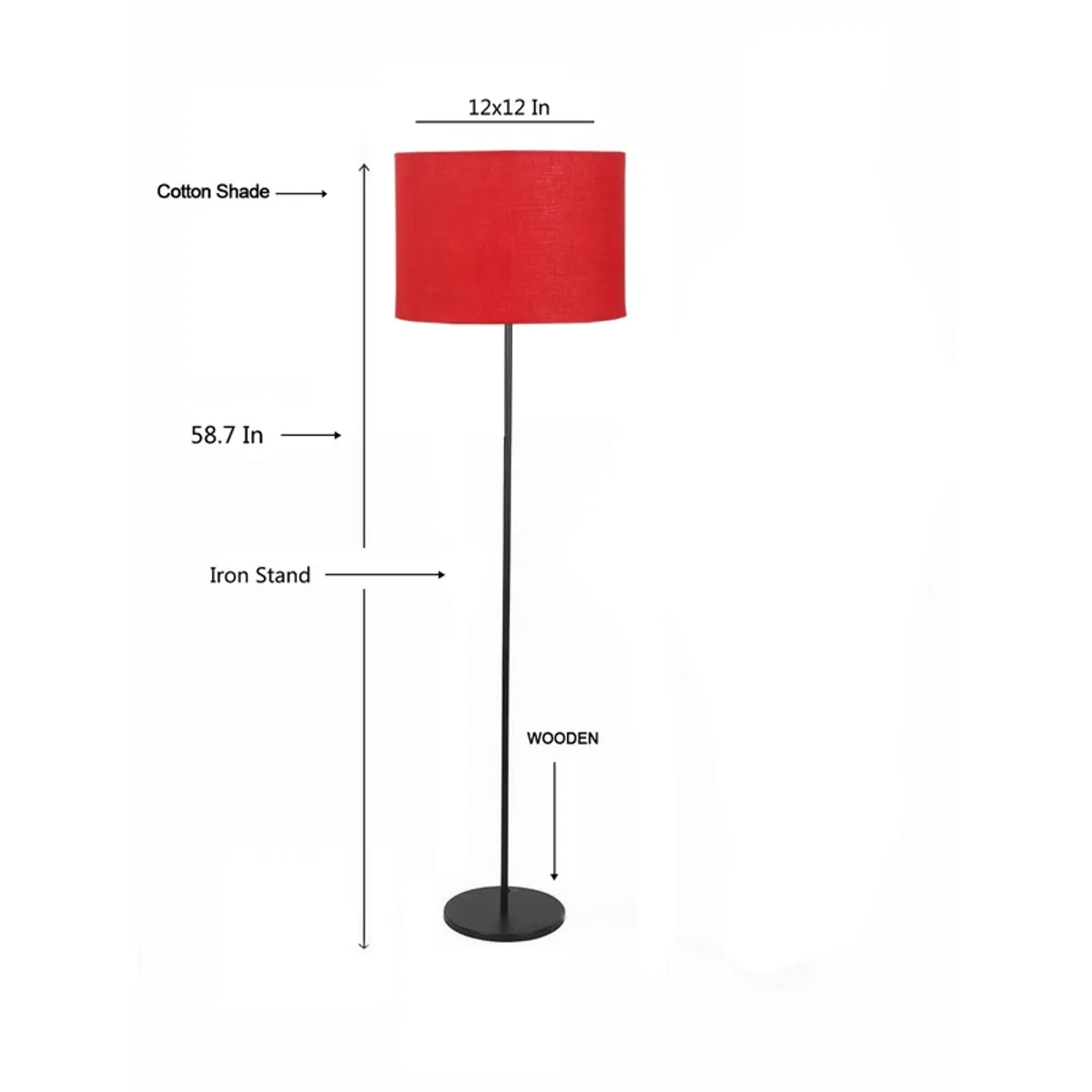 Red floor lamp shown front-on with measurement arrows
