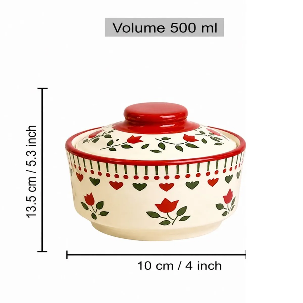 Single floral ceramic bowl shown with visible dimensions and 500 mL volume.