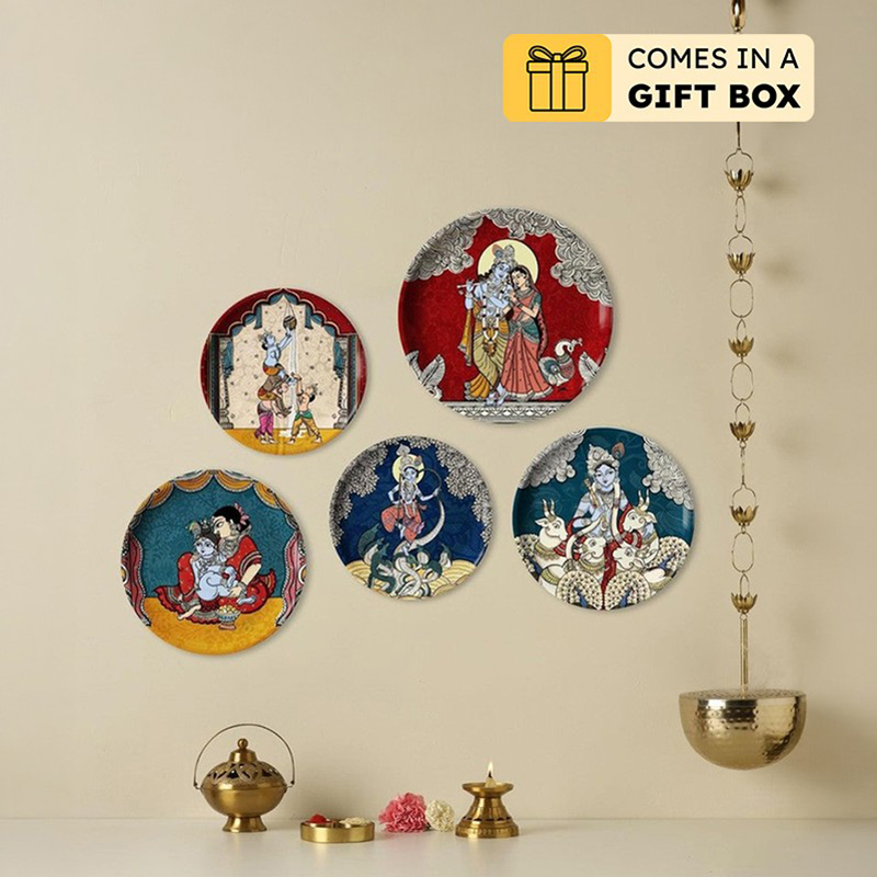 Radha Krishna Metal Wall Plates - Set Of Five