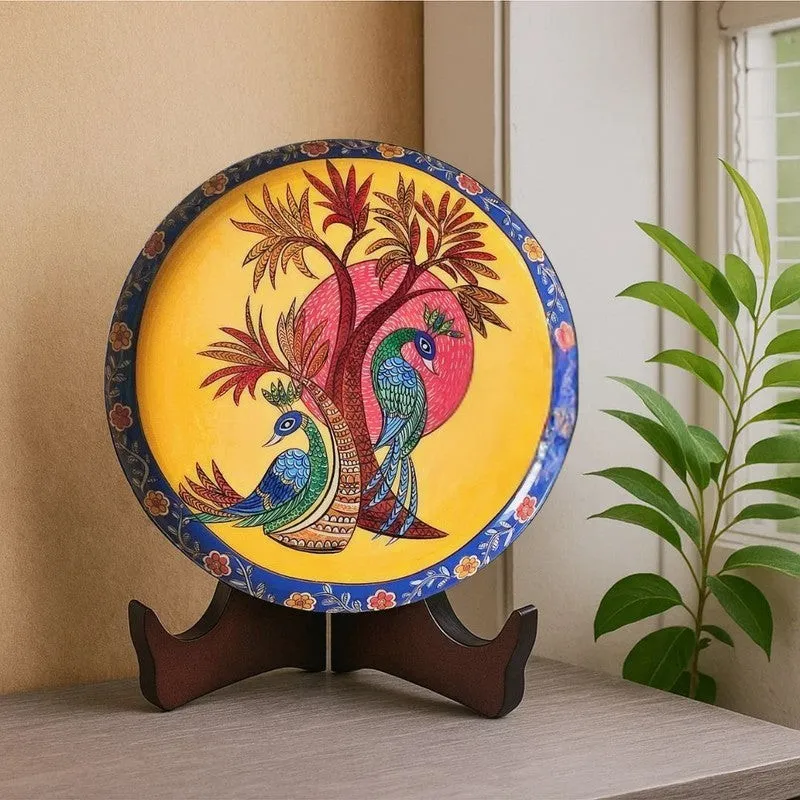 Close view of the multicolour peacock wall plate on a dark stand