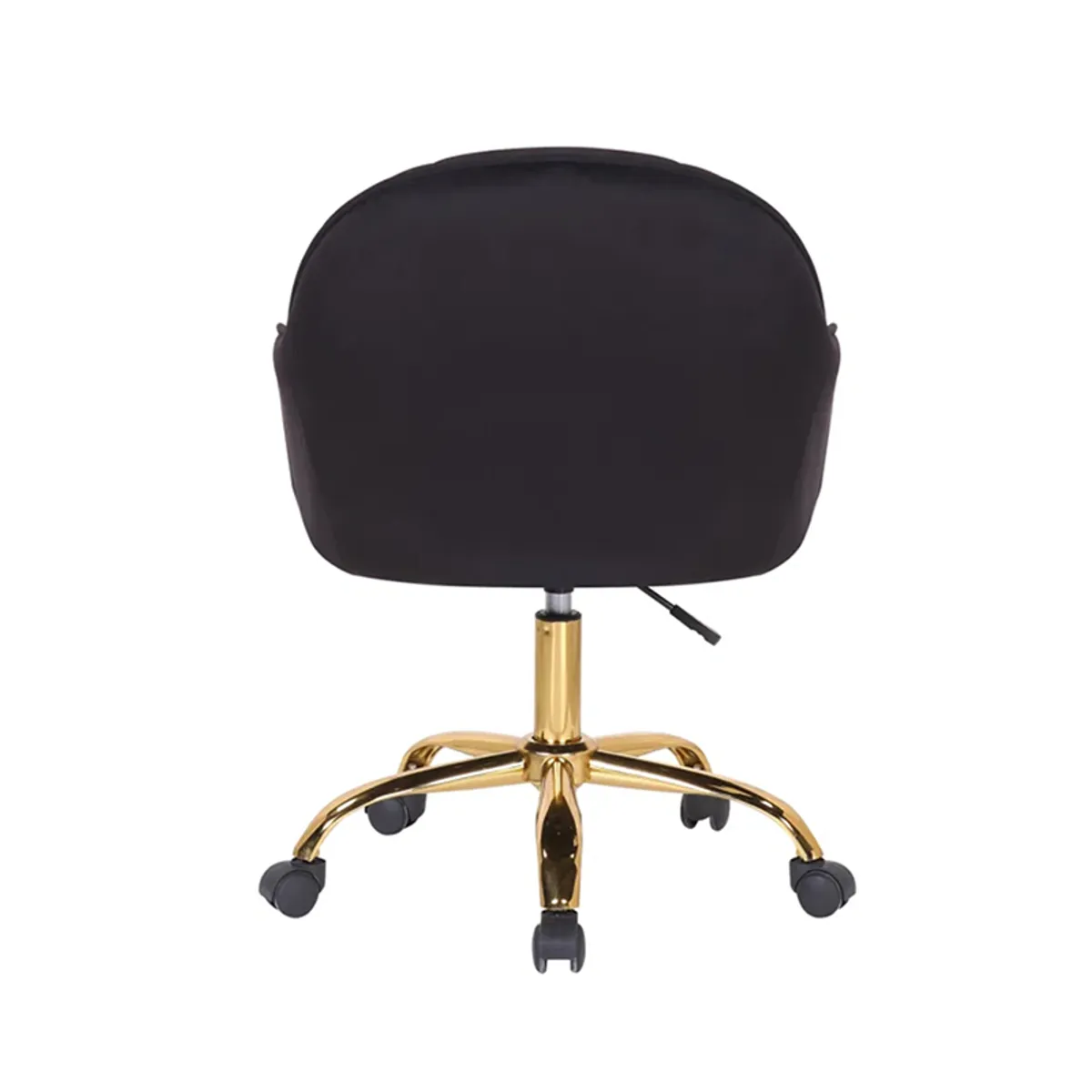Back view of the black office chair with a rounded upholstered back and gold base