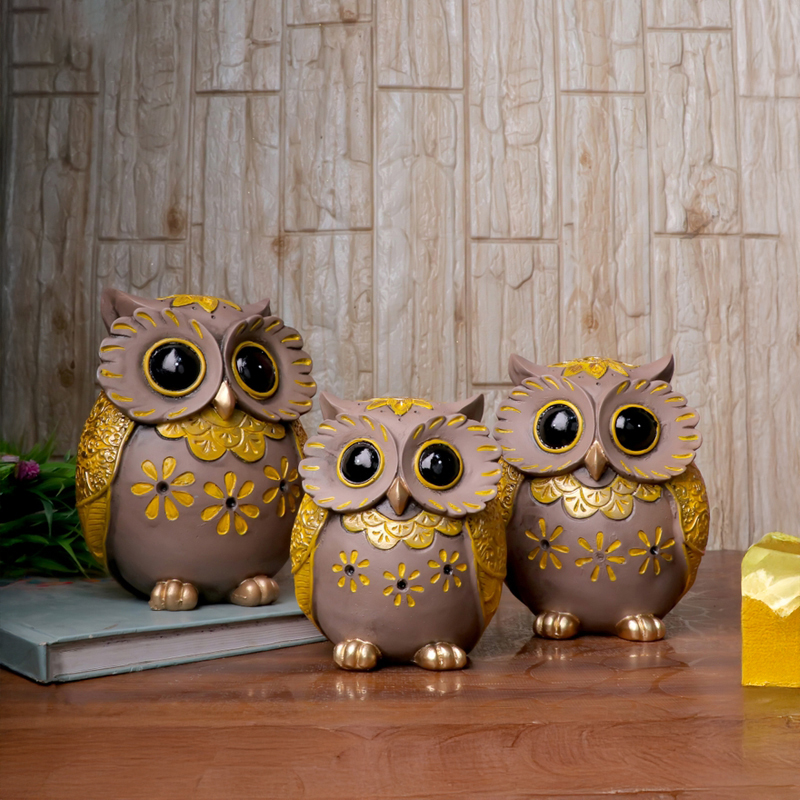 Great Horned Owl Showpiece (Brown) - Set of Three