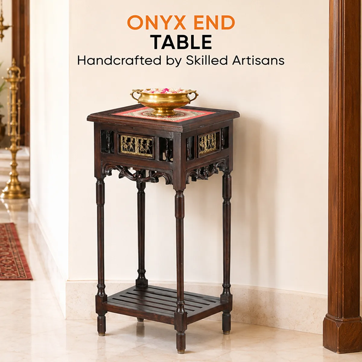 Ornate dark wood end table placed against a wall
