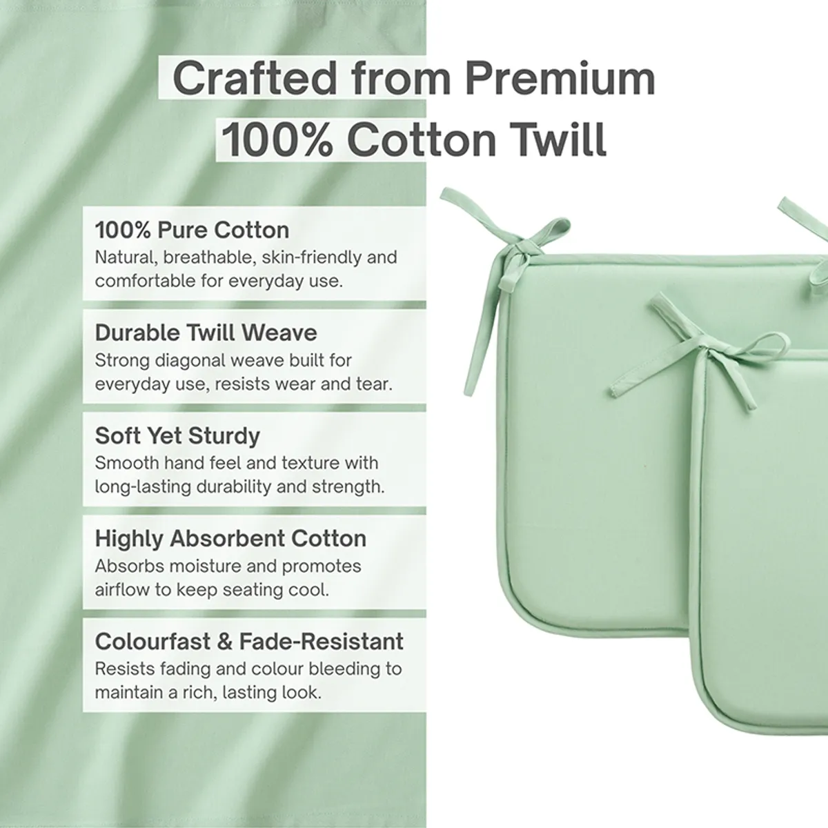 Close view of sage green chair pads with tie-up corners against a light background