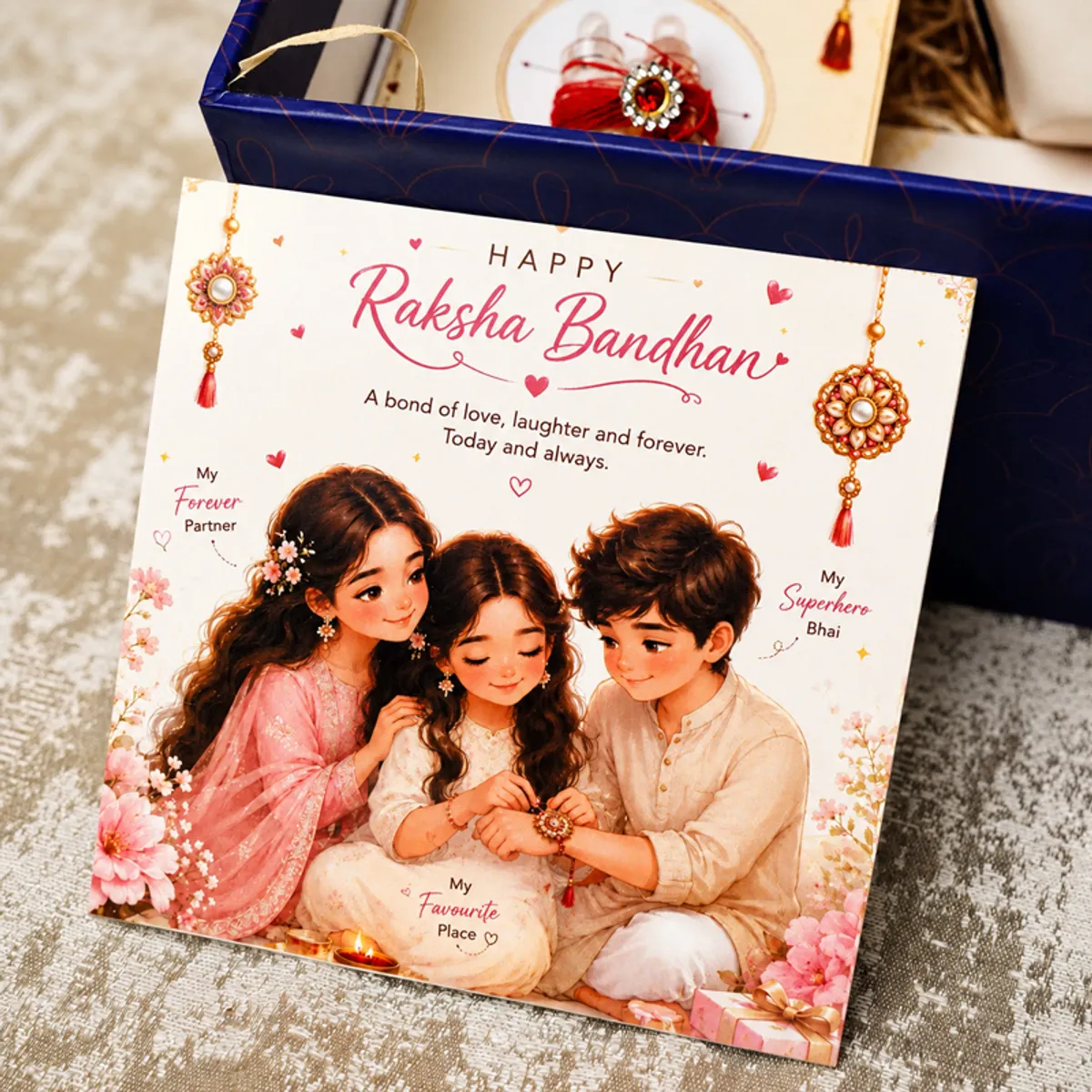 Raksha Bandhan greeting card featuring three illustrated siblings beside a gift box