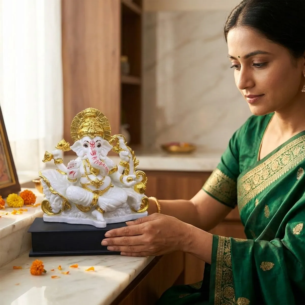 White and gold Ganesha idol being positioned in a home prayer setting
