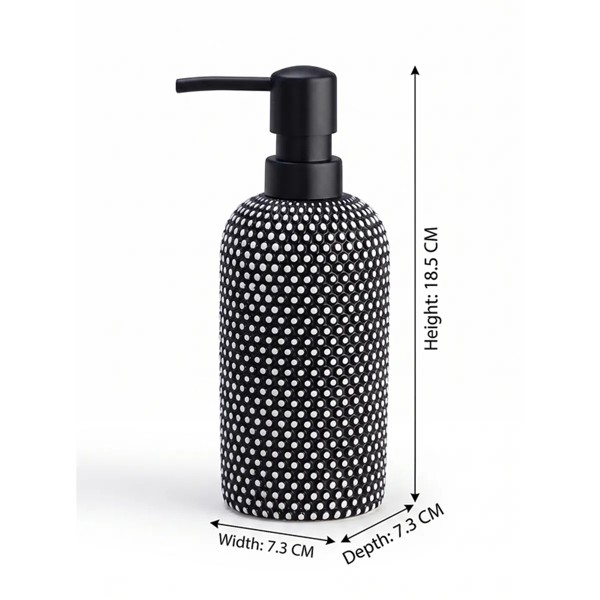 Black soap dispenser with dotted texture and visible dimensions on a plain background