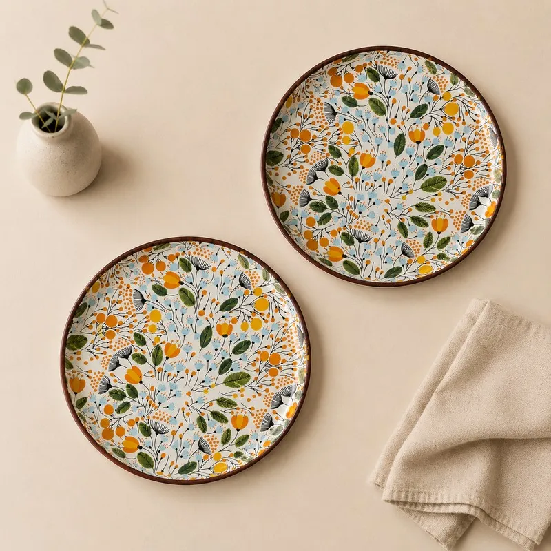 Two round multicolour patterned dinner plates shown from above beside a folded napkin