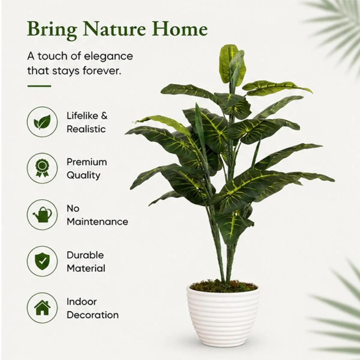Green artificial elephant ear plant shown against a light background