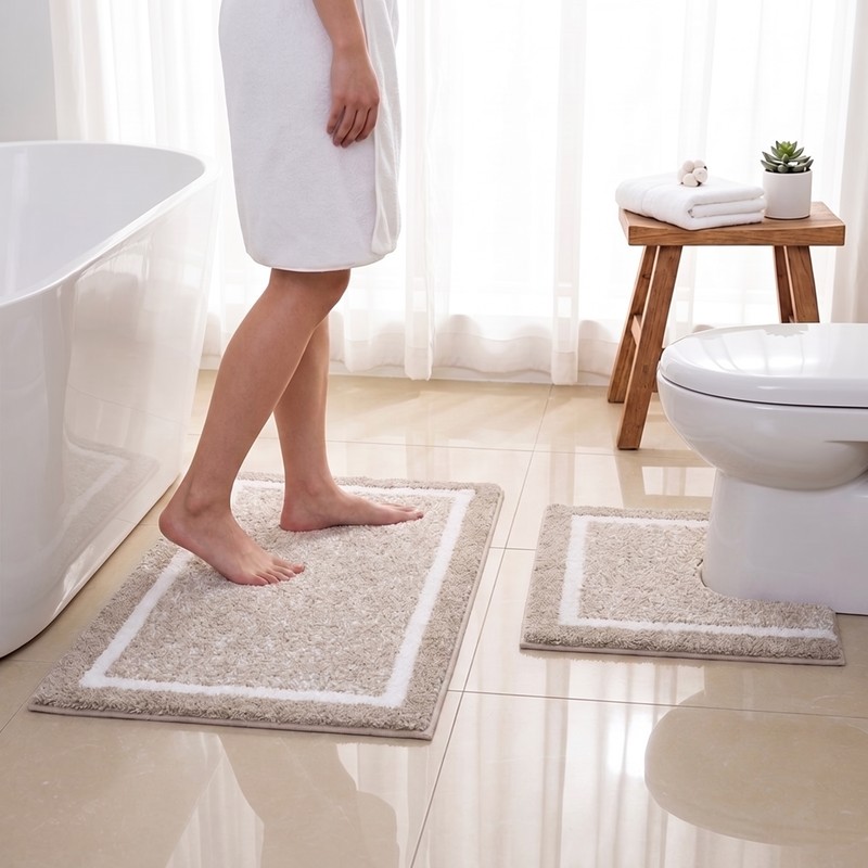 Cloud Step Comfort Anti Skid Bath Mat (Beige,White) -Set of Two - 50 x 70 cm