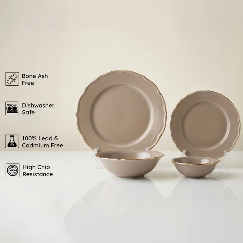 Grey and gold porcelain plates and bowls with feature icons