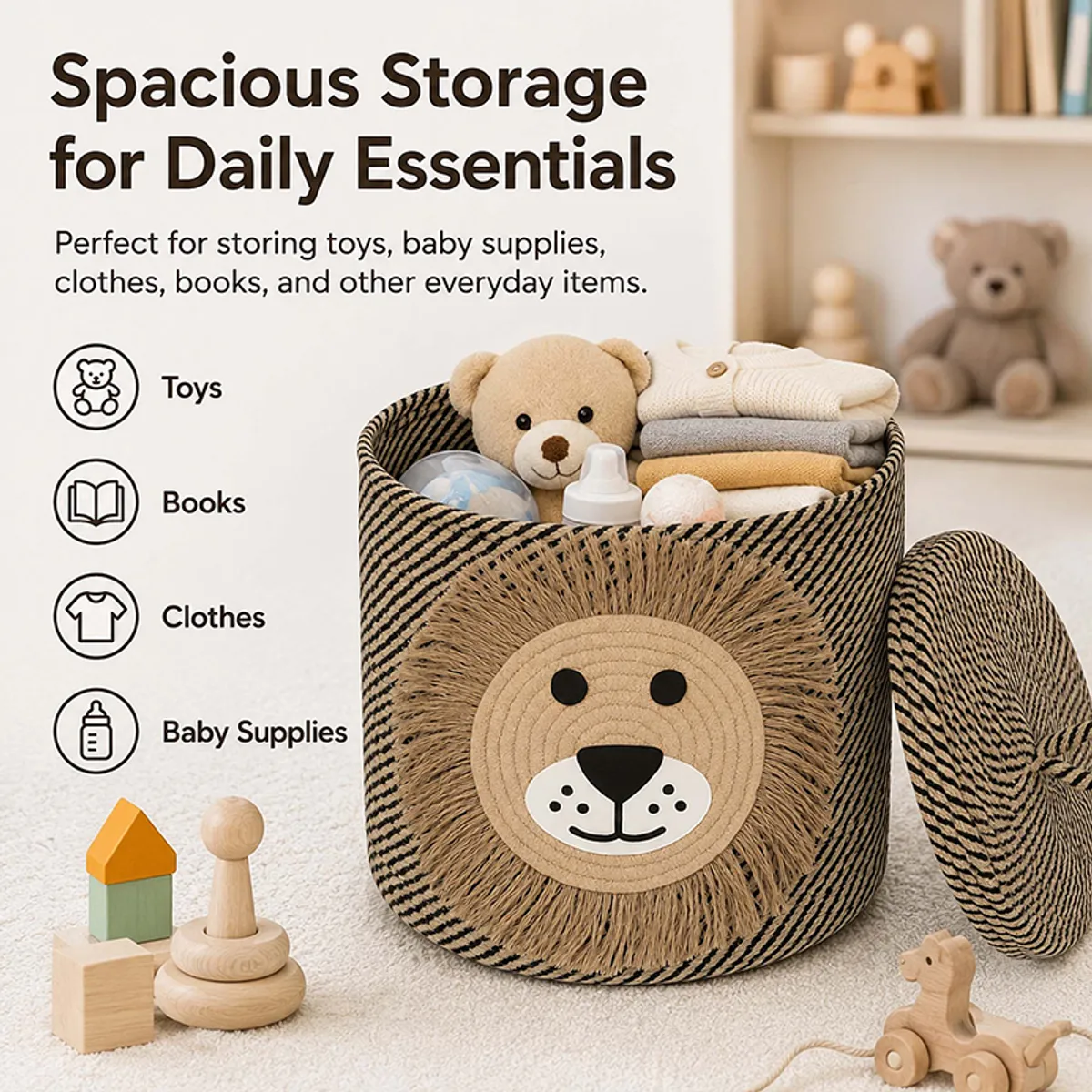 Lion-face basket holding soft toys and folded clothes
