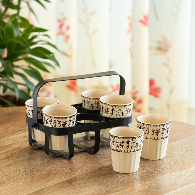 Warli Tales Ceramic Tea Cups with Holder (130 mL Each) - Seven piece Set