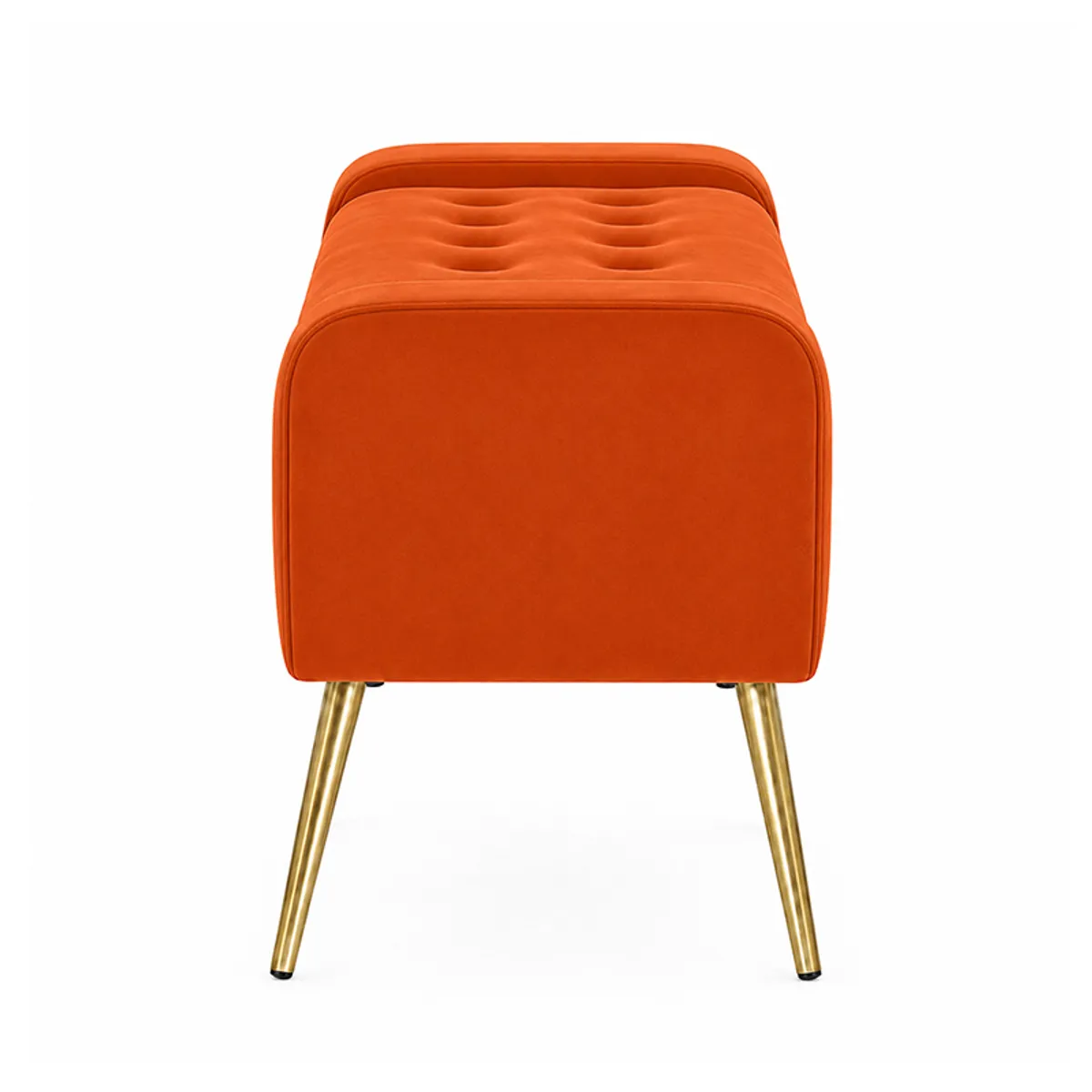 Side view showing the rounded end and gold legs of the orange bench