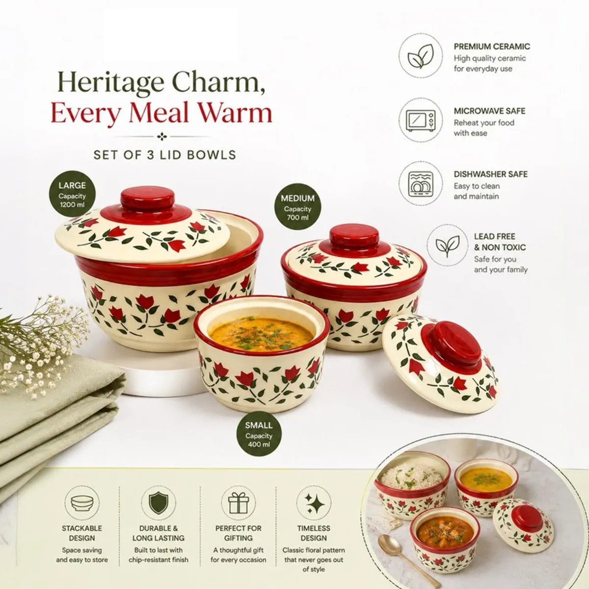 Three red floral ceramic bowls with lids displayed with their different capacities