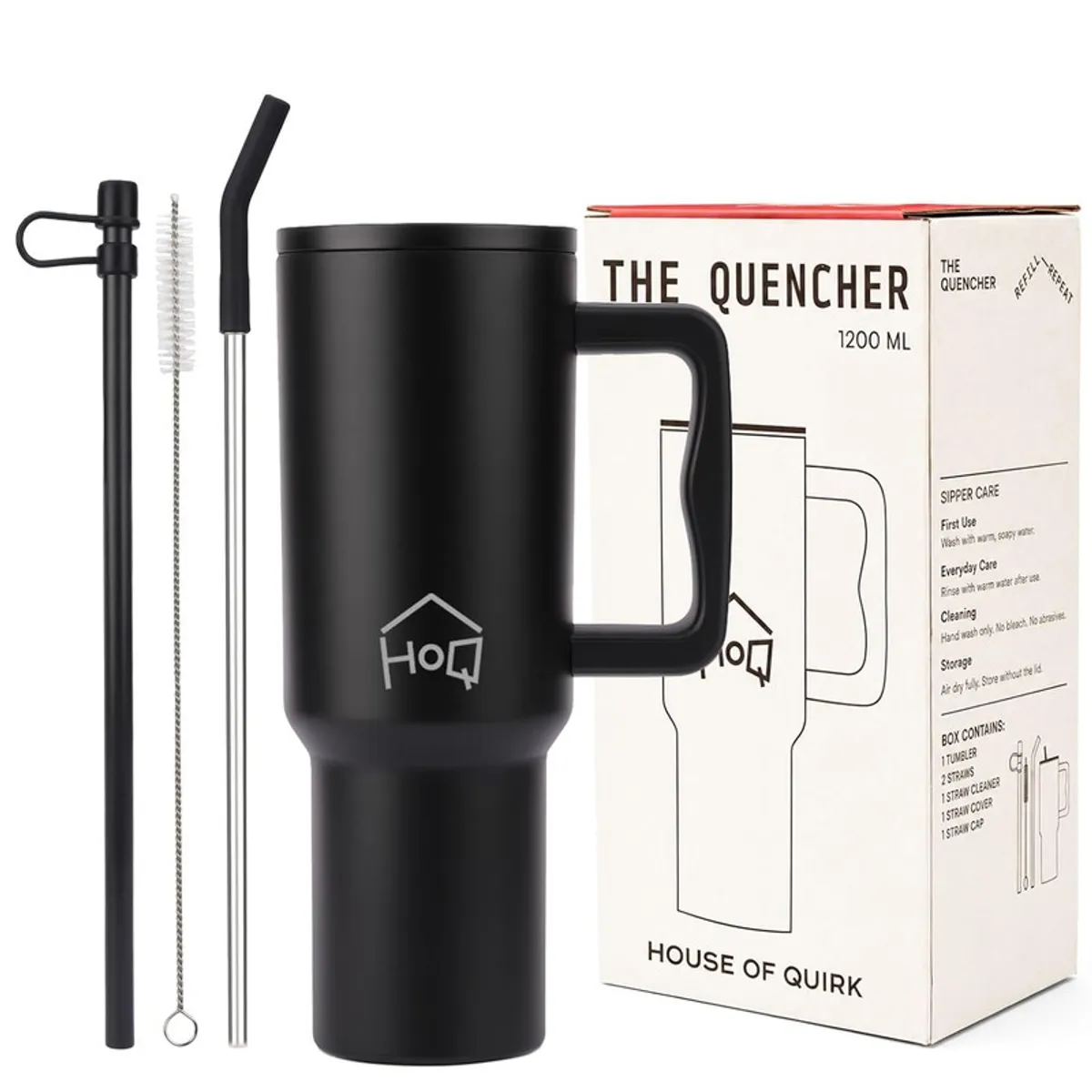 Black tumbler displayed with drinking accessories and its box