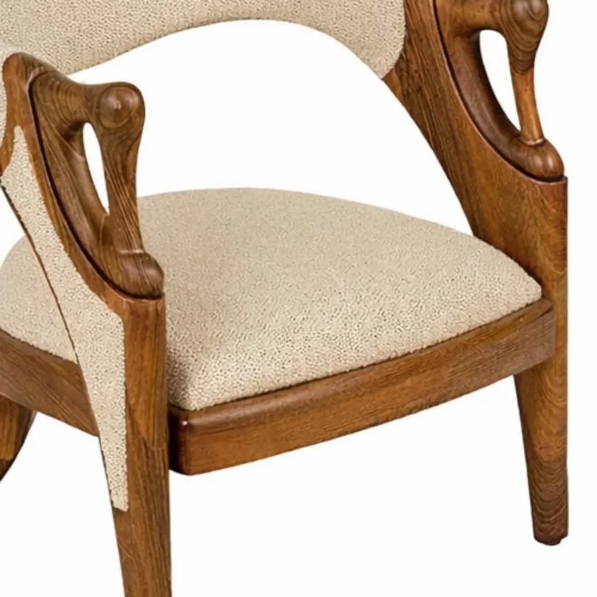 Close-up of beige upholstery and polished teak wood chair frame