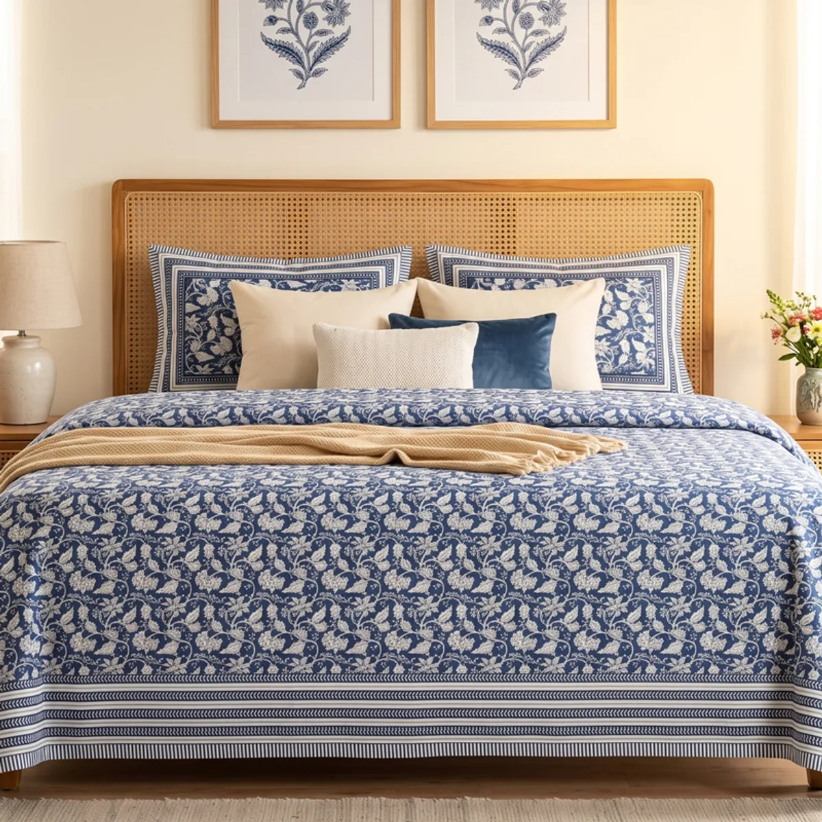 Close view of blue floral cotton bedsheet styled with breakfast tray and pillows