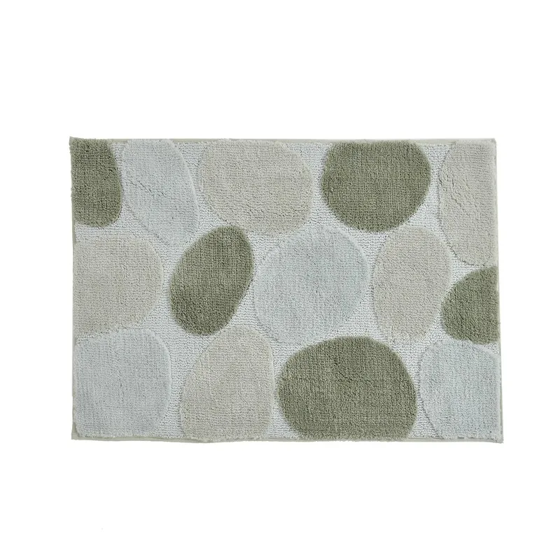 Rectangular sage green bath mat with abstract stone-inspired pattern